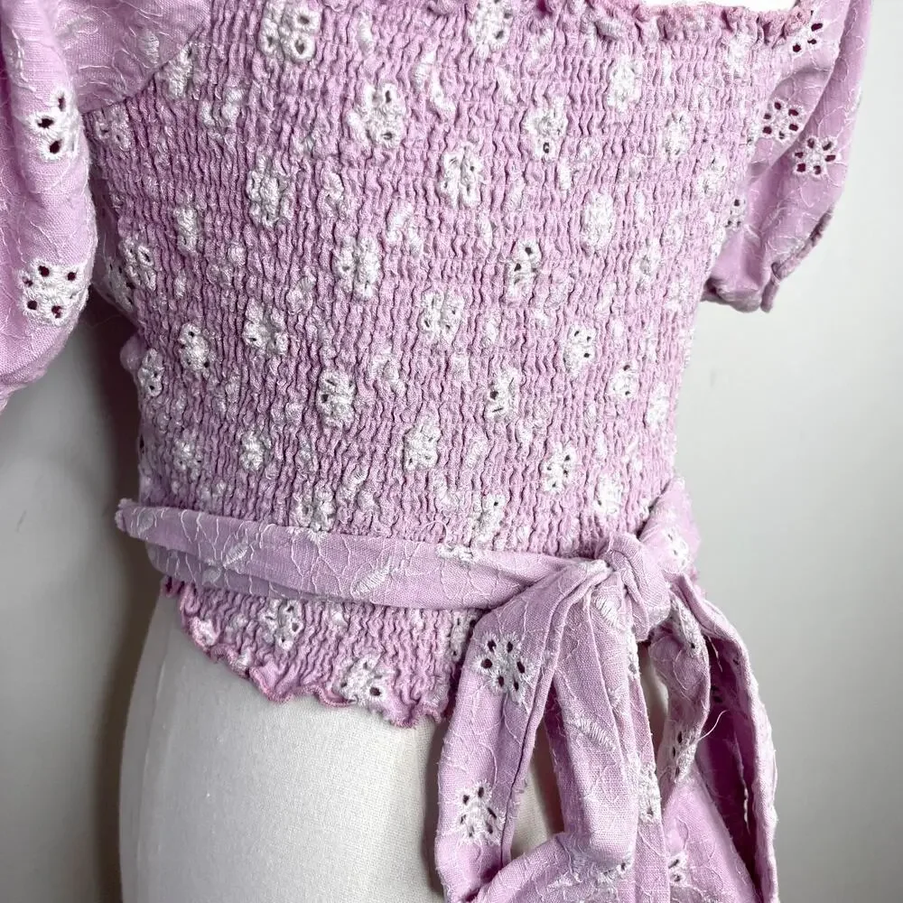 Astr Puff Sleeve Cropped Wrap‎ Top Small Eyelet Ruched Cottage Milkmaid Linen